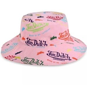 Von Dutch Pink Bucket Hat with Multicolor Logo Print